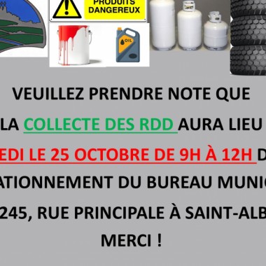 Journée RDD - Samedi 25 octobre 2025 de 9h à 12h dans le stationnement du bureau municipal au 1245, rue Principale à Saint-Albert