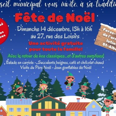 Le conseil municipal vous invite à sa traditionnelle fête de Noël dimanche le 14 décembre de 13h à 16h au 27, rue des Loisirs