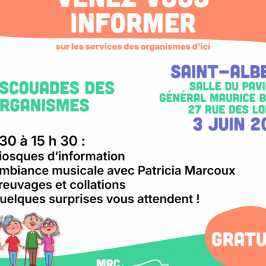 Escouade des organismes - Mercredi 3 juin 2026 de 13h30 à 15h30 au 27, rue des Loisirs. Venez en grand nombre !