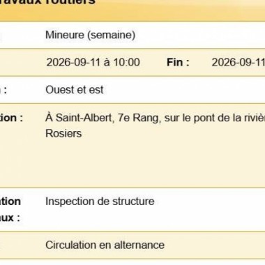 Veuillez prendre connaissance de l’avis annonçant une entrave sur le 7e Rang à Saint-Albert.